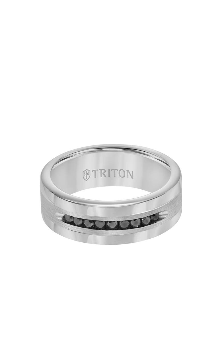 Triton 8MM Ring with Channel Set Black Diamonds Silver Satin Finish and Round Edge, Alternate, color, 