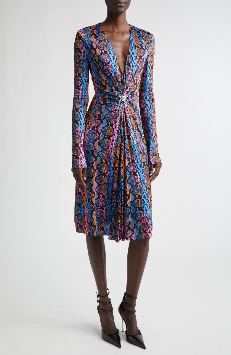 Versace Python Print Long Sleeve Liquid Jersey Dress, Main, color, Sky Pink Sapphire Spice