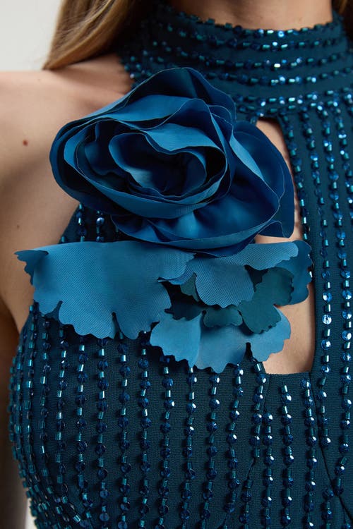 Karen Millen Petite Woven Maxi Rosette Dress In Blue
