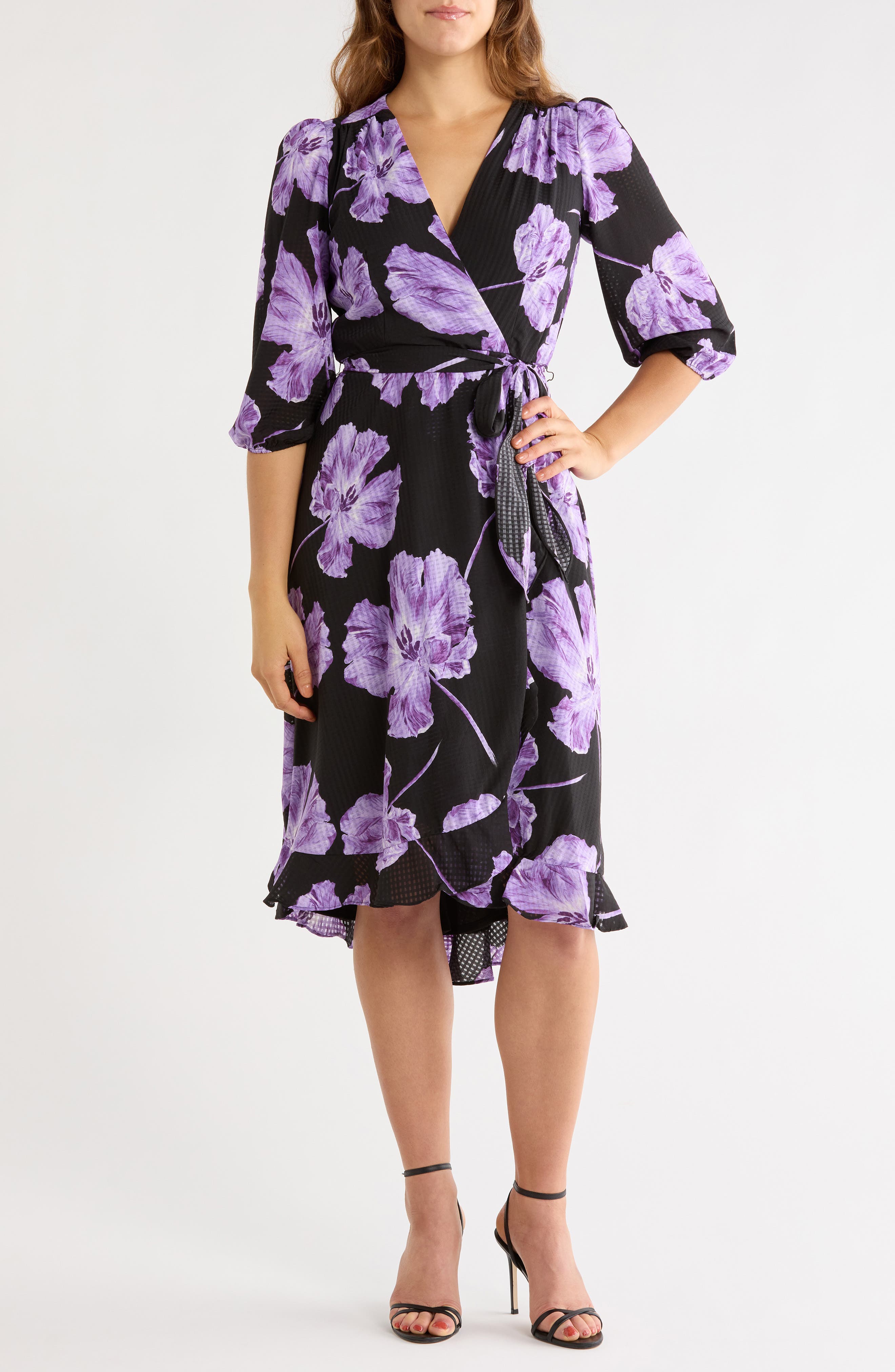 Floral Chiffon Check High-Low Faux Wrap Dress