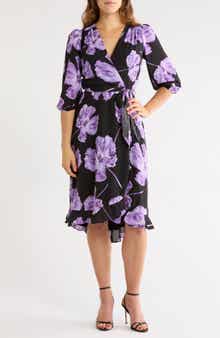 Floral Chiffon Check High-Low Faux Wrap Dress