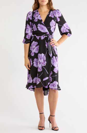 Floral Chiffon Check High-Low Faux Wrap Dress