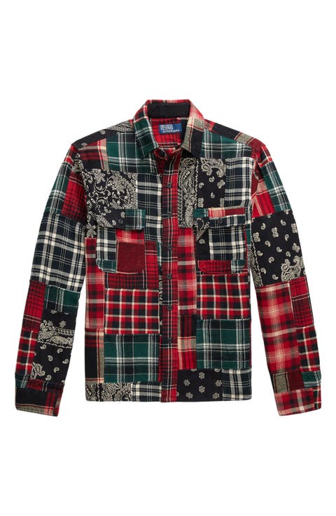 Classic Fit Plaid Patchwork Cotton Flannel Button-Up Shirt