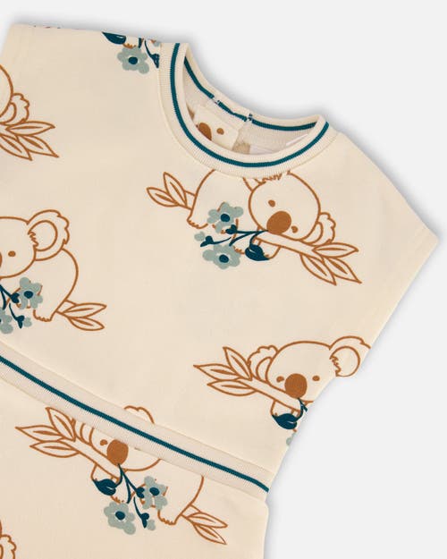 Deux Par Deux Little Girl's Printed French Terry Dress Off-white And Koala In Off-white And Koala