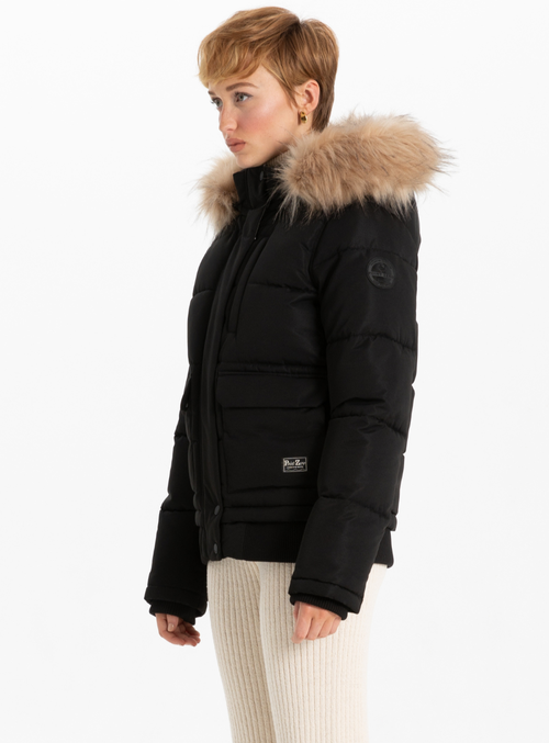 Point Zero Removable Hood & Fur Bomber In Black