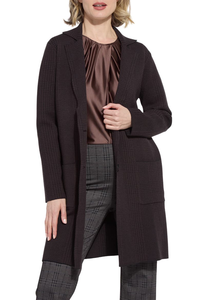 Lina Glen Plaid Jacquard Sweater Coat, Main, color, DOUBLE ESPRESSO BLACK