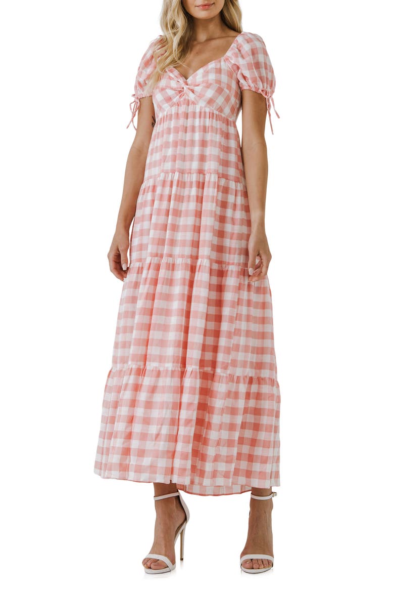 Gingham Knot Tiered Cotton Blend Midi Dress, Main, color, PINK