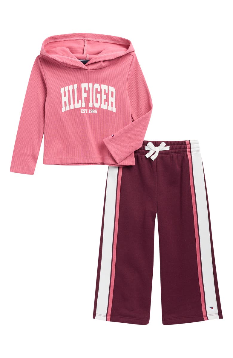 Tommy Hilfiger Graphic Hoodie & Wide Leg Pants Set, Main, color, Rose/ Pinot Noir