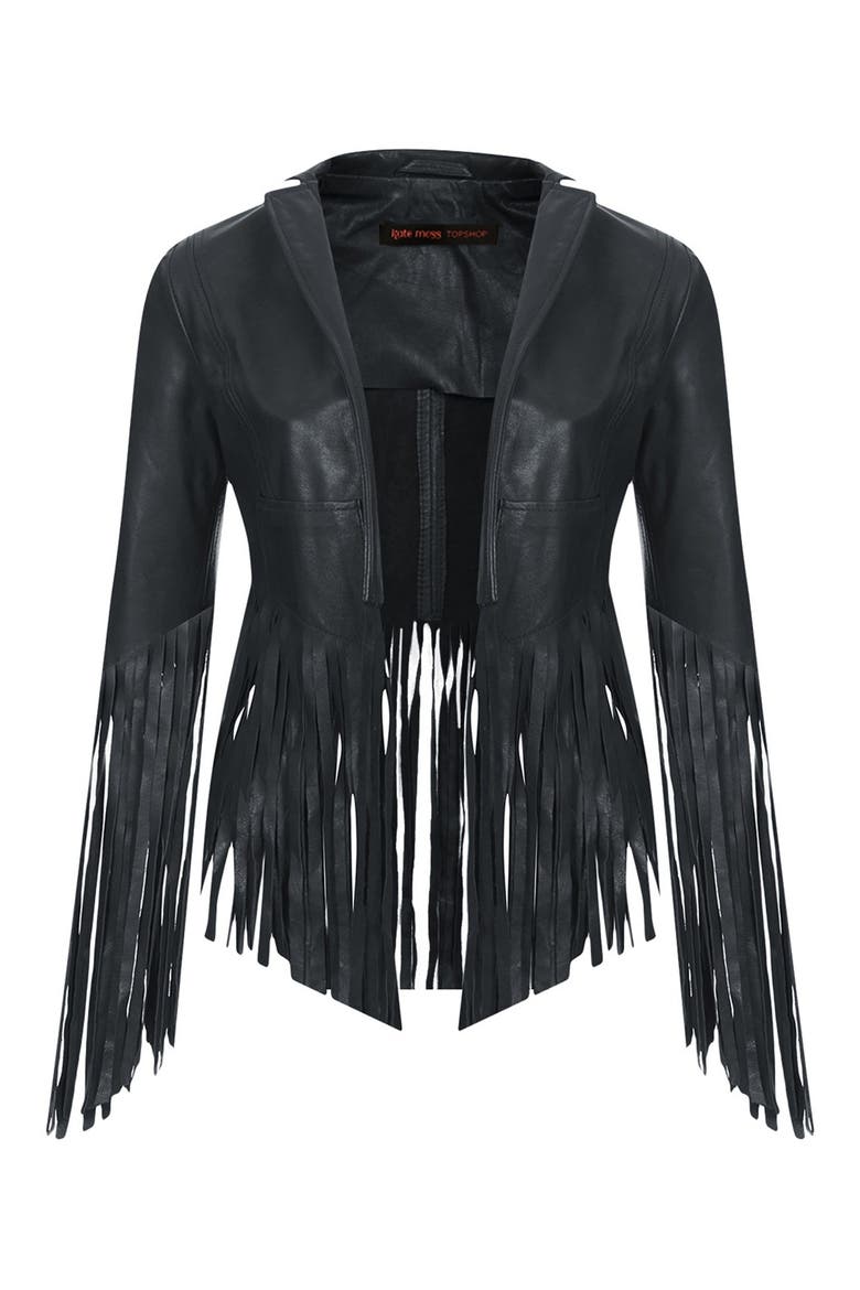 Kate Moss for Topshop Fringed Leather Jacket, Alternate, color, NAVY BLUE
