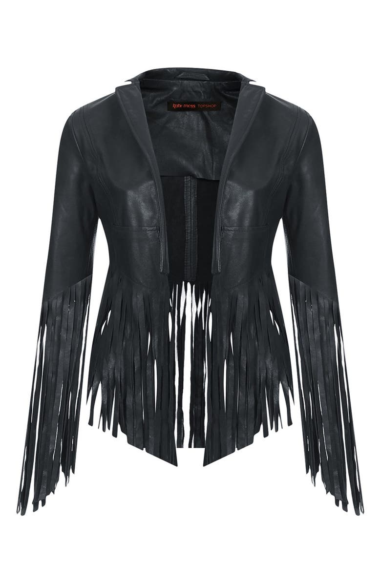 Topshop Kate Moss for Topshop Fringed Leather Jacket, Alternate, color, 