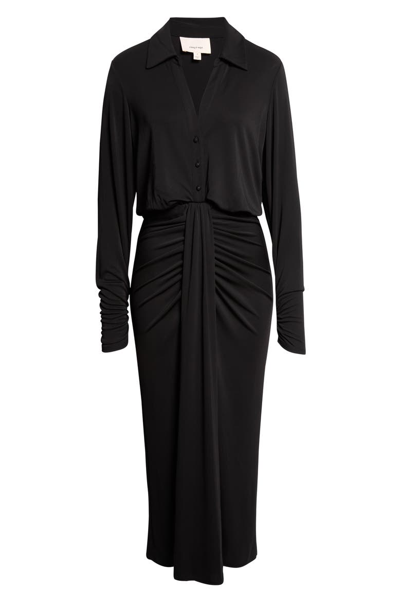 Seferina Ruched Detail Long Sleeve Shirtdress, Alternate, color, BLACK