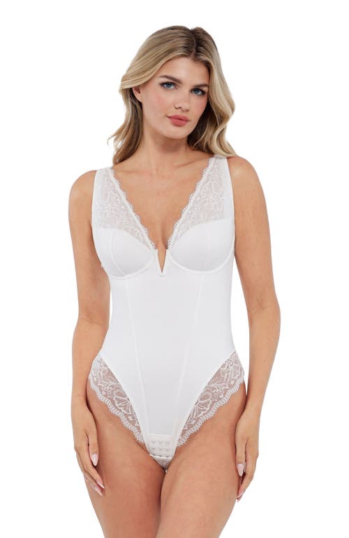 Popilush Shapewear Deep V-Neck Sculpting Lace Inset Bodysuit in Pearl White at Nordstrom, Size Xx-Large