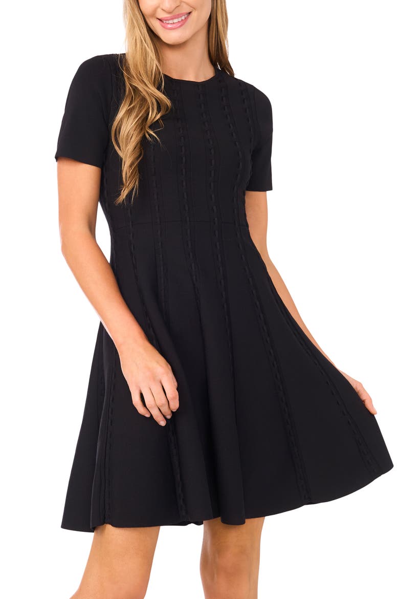Ella Ribbon Stitch Fit & Flare Dress, Alternate, color, RICH BLACK
