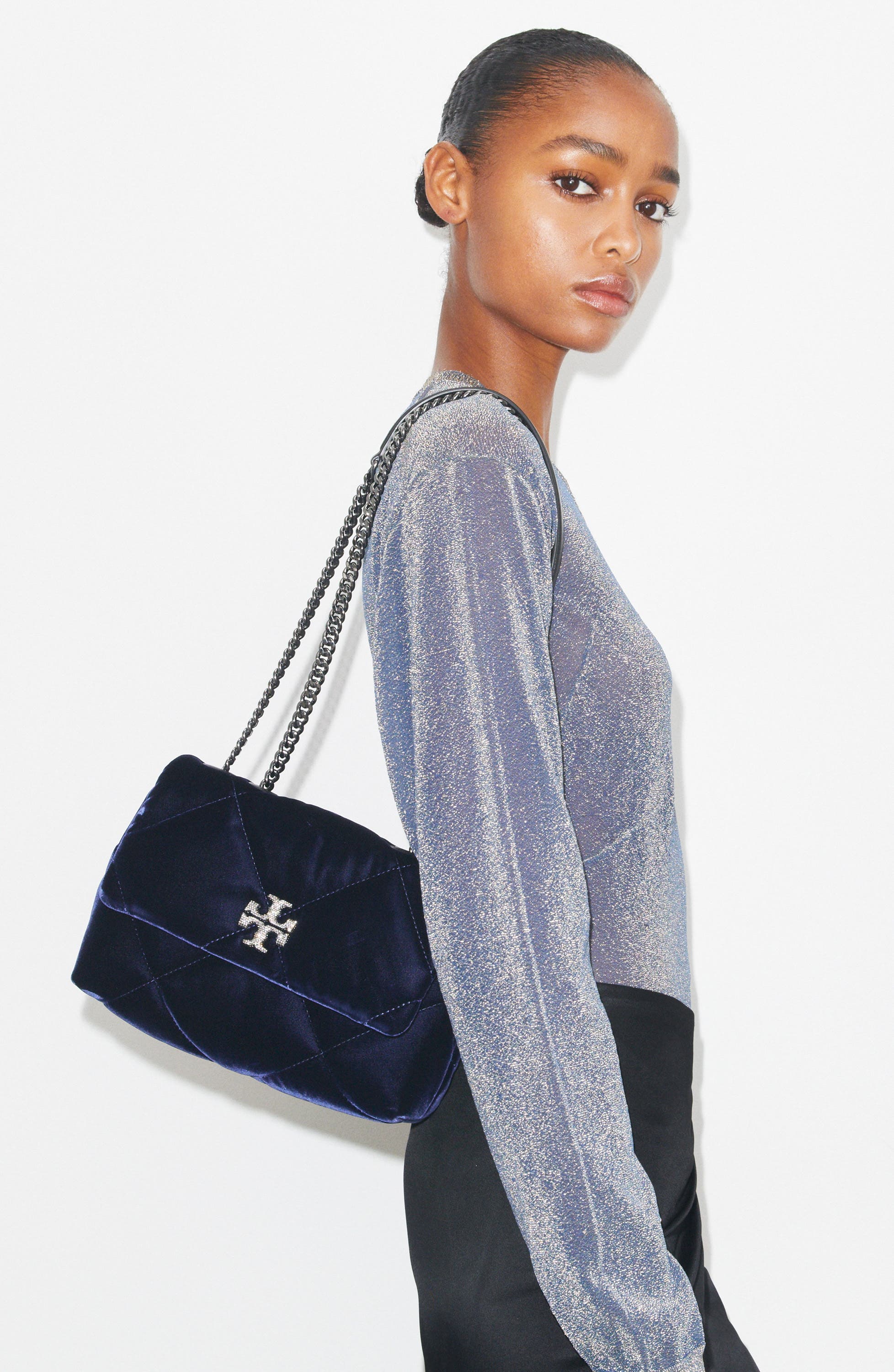 Tory Burch Kira Velvet Quilted Convertible Shoulder Bag, Alternate, color, Perfect Navy