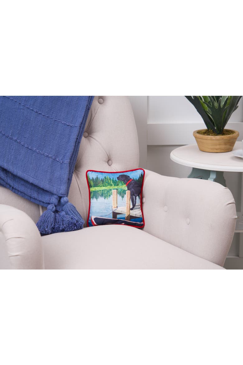 Dog on Lake Pier with Boat Raft Printed Mini Accent Pillow, 8" x 8", Alternate, color, Blue
