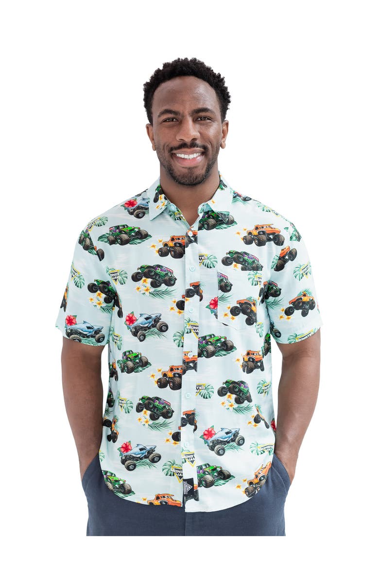 Short Sleeve Button Down Shirt, Alternate, color, Warm Grey Tropical