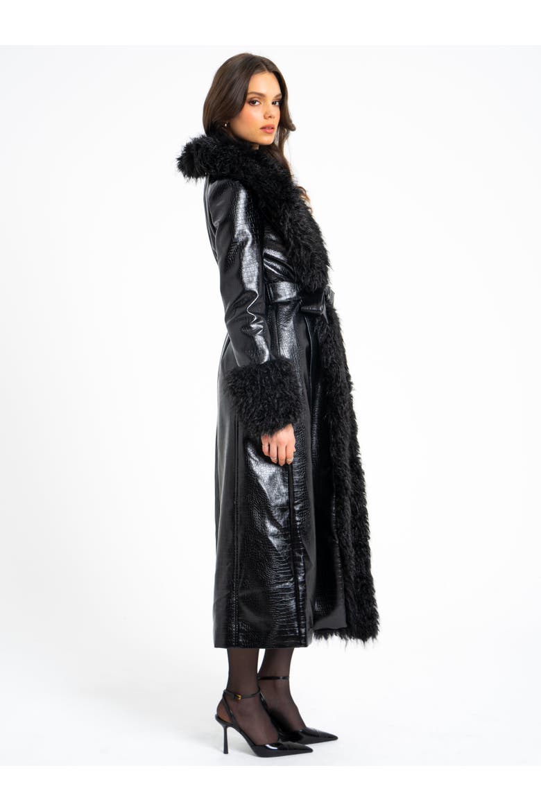 Zella Longline Vegan Croc Leather Coat with Fur Trim, Alternate, color, Black