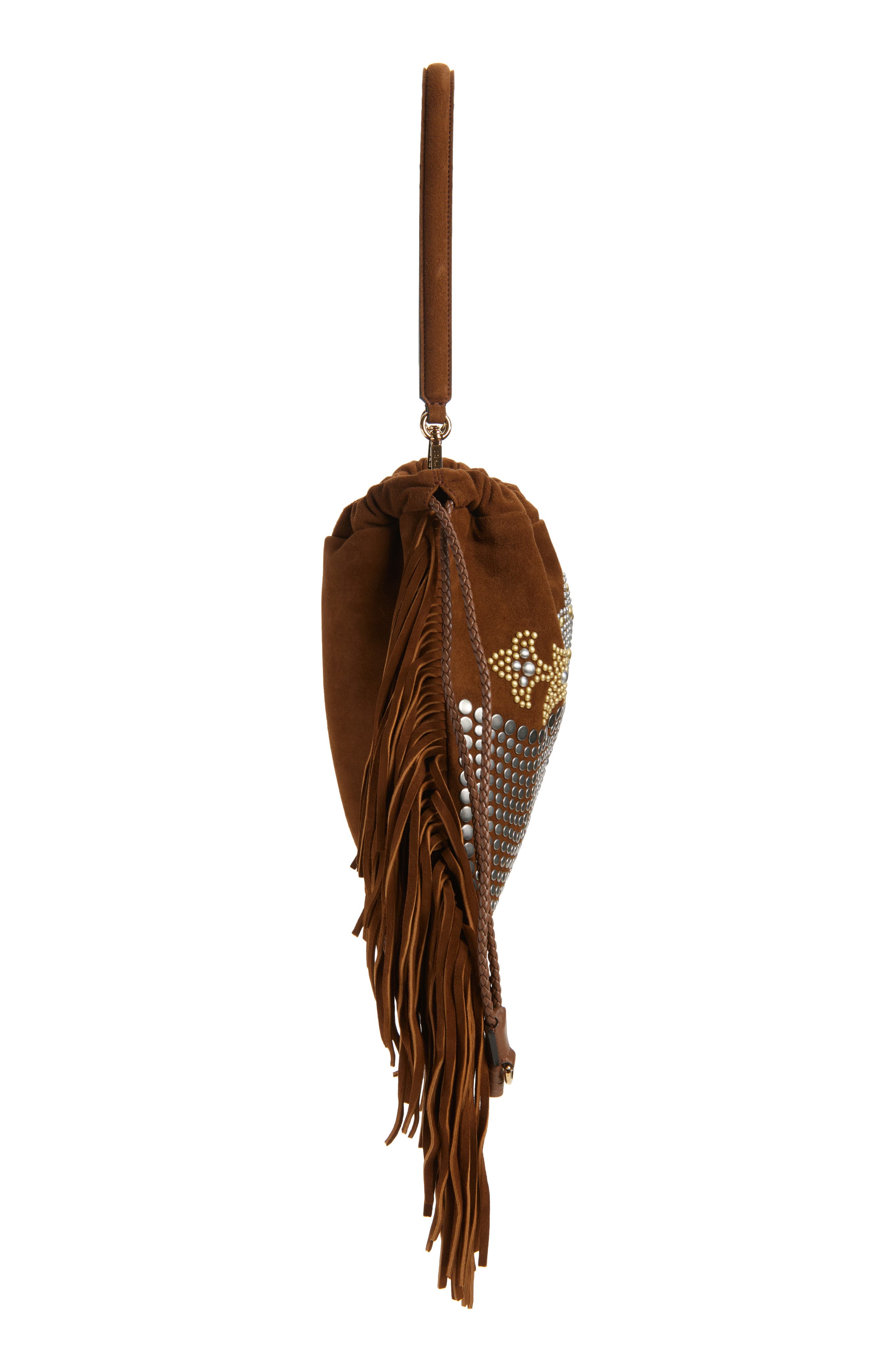 Etro Kalispera Stud & Fringe Suede Shoulder Bag, Alternate, color, Brown
