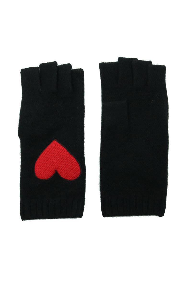 Portolano Cashmere fingerless gloves with heart patch, Main, color, Black/Cherry Red