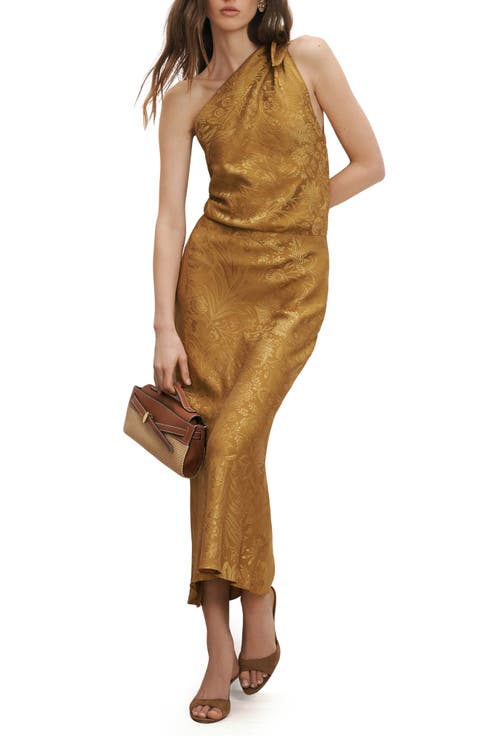 Grycen Floral Jacquard Satin One-Shoulder Gown