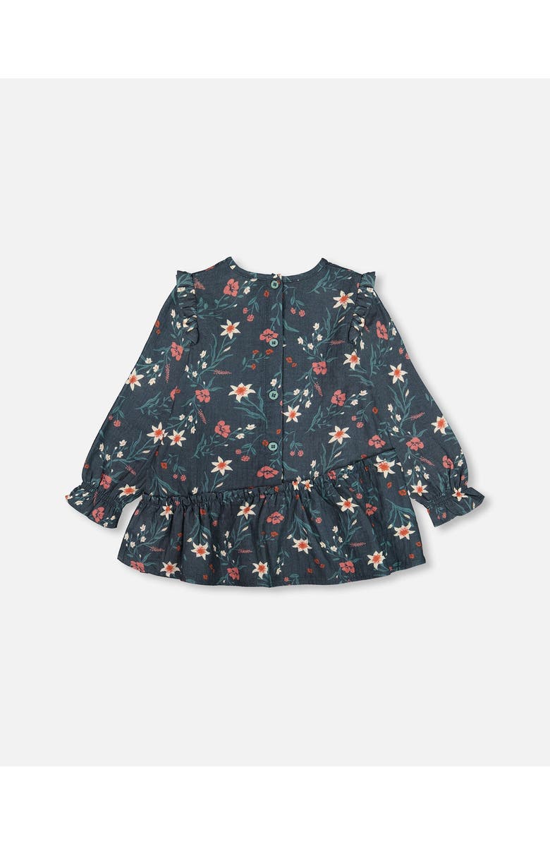 Deux par Deux Girl's Printed Muslin Long Top Teal With Flowers, Alternate, color, 