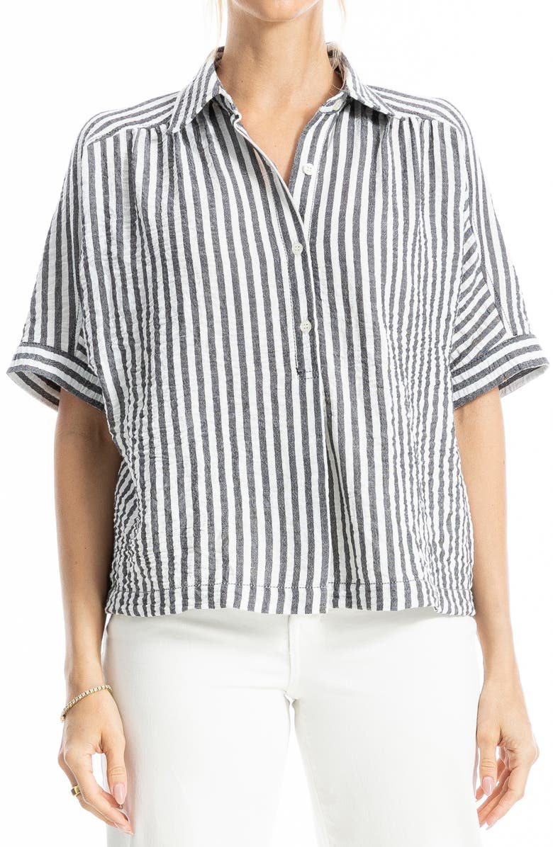 MAX STUDIO Textured Stripe Camp Shirt, Main, color, Black/ White Stripe