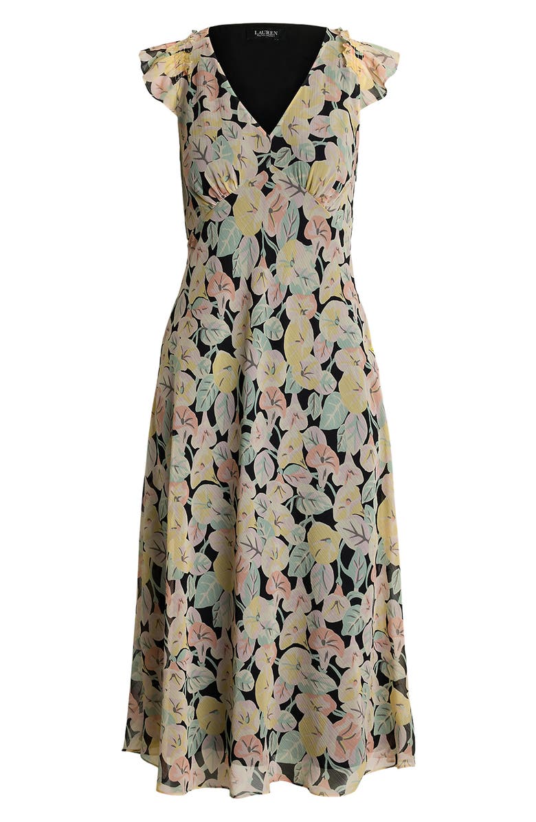 Lauren Ralph Lauren Floral Print Flutter Sleeve Georgette Midi Dress, Alternate, color, Black/ Pink/ Green