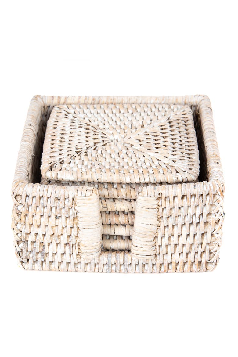 Rattan Square Coaster Set - 7 Piece, Main, color, White Wash