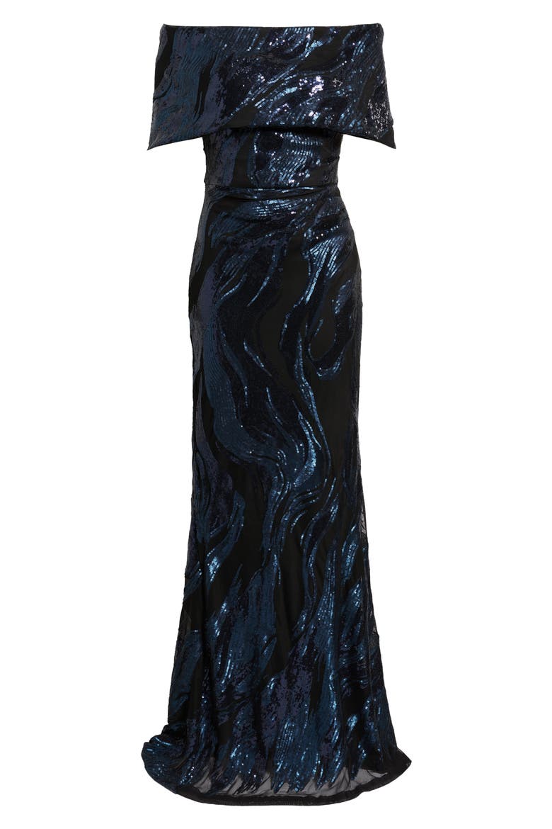 Sequin Wave Off the Shoulder Gown, Alternate, color, NAVY