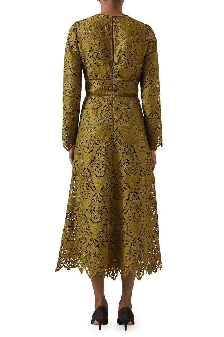 Gracie Velvet Trim Lace Long Sleeve Midi Dress, Alternate, color, GREEN