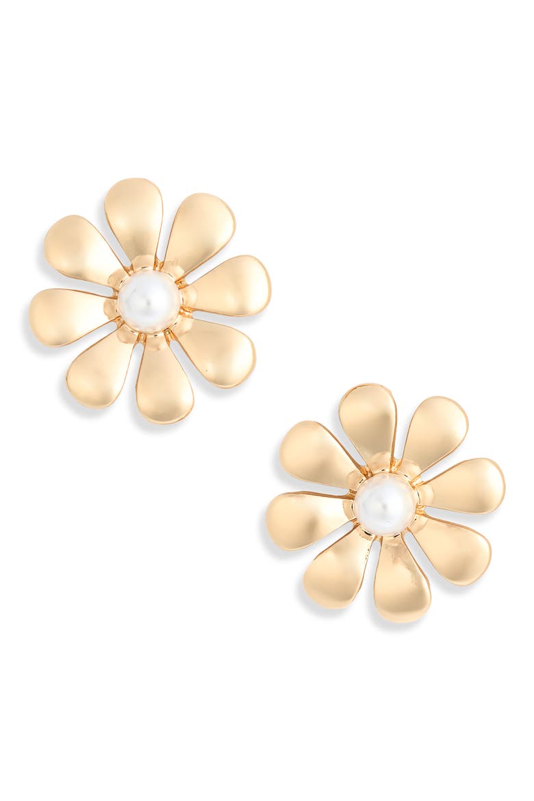 Faux Pearl Flower Stud Earrings, Main, color, WHITE- GOLD