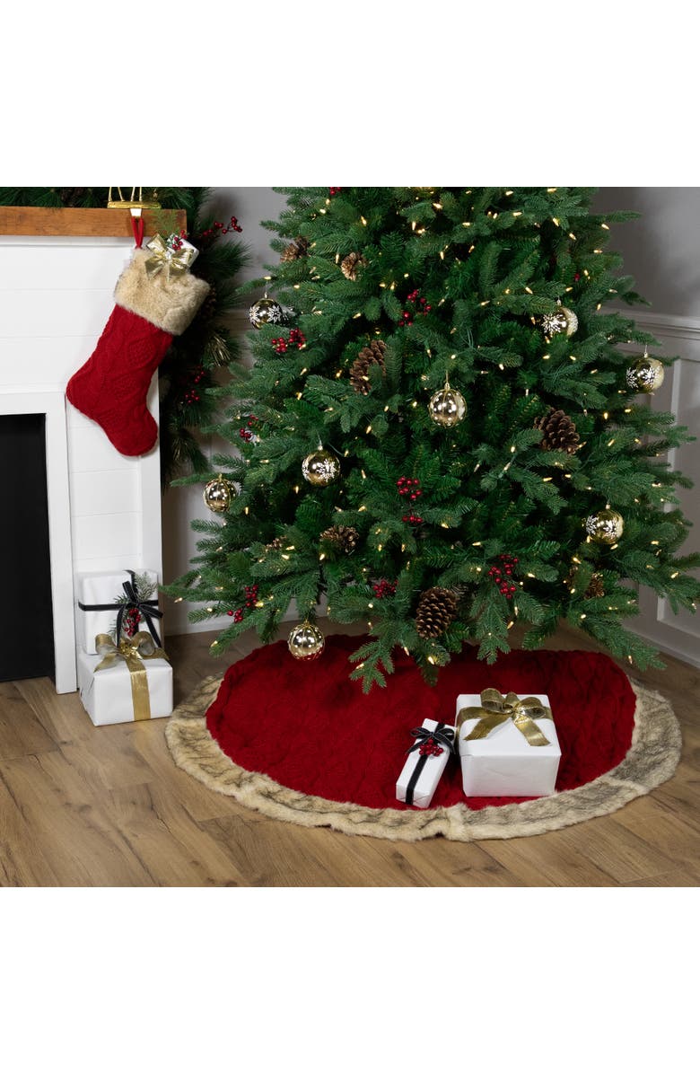Northlight Cable Knit Christmas Tree Skirt with Faux Fur Trim- 48" - Red, Alternate, color, Red