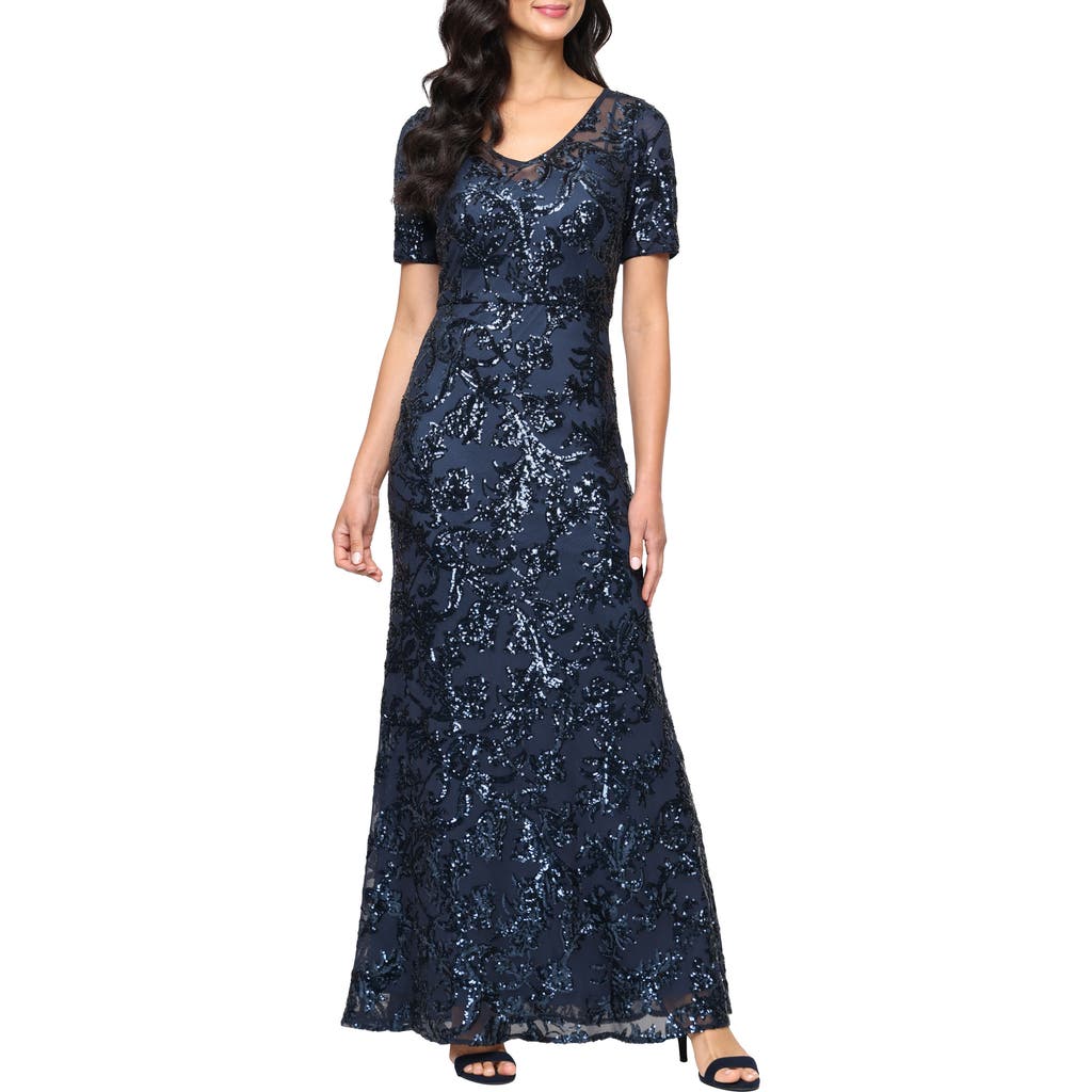 Alex Evenings Sequin Mesh Overlay Gown In Blue