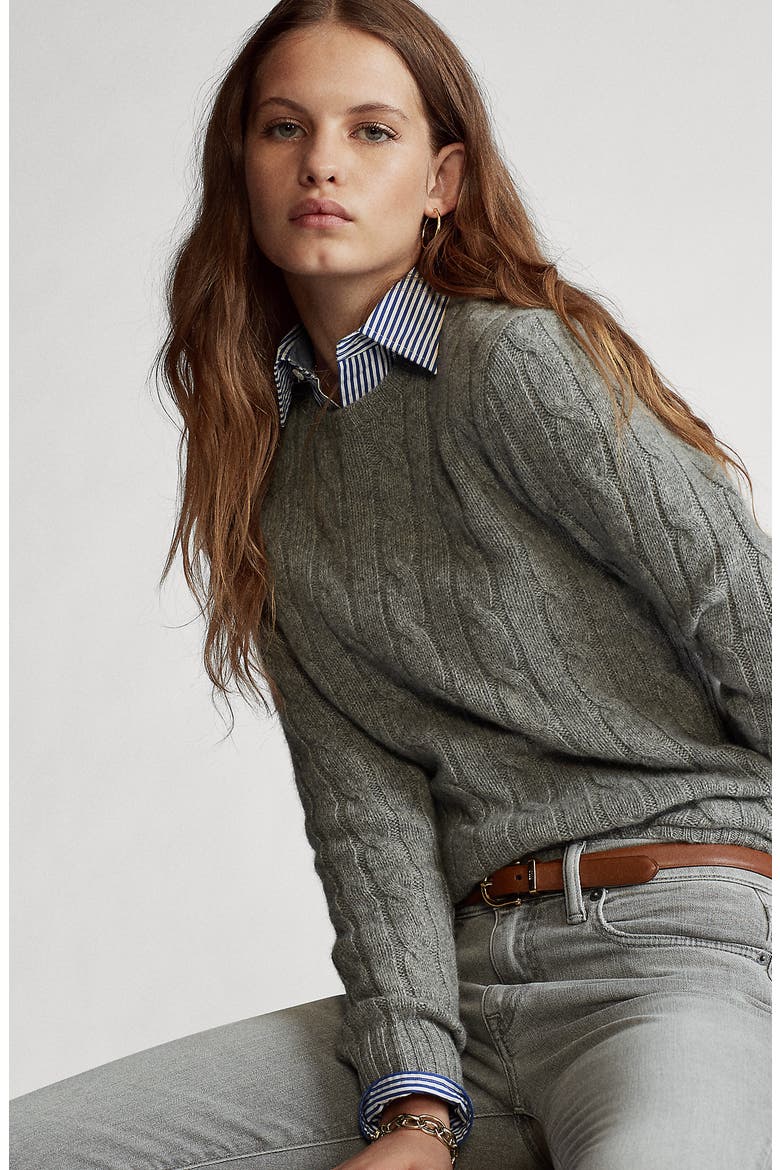 Julianna Cashmere Cable Crewneck Sweater, Alternate, color, BATTALION GREY HEATHER