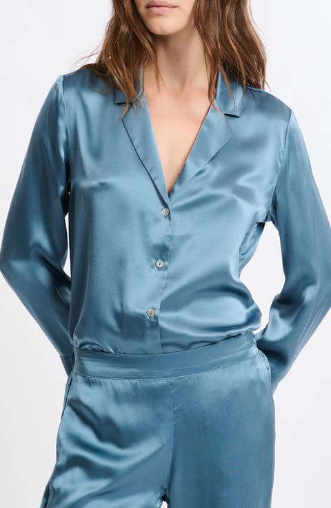 Pearly Silk Chemise Button-Up Pajama Shirt