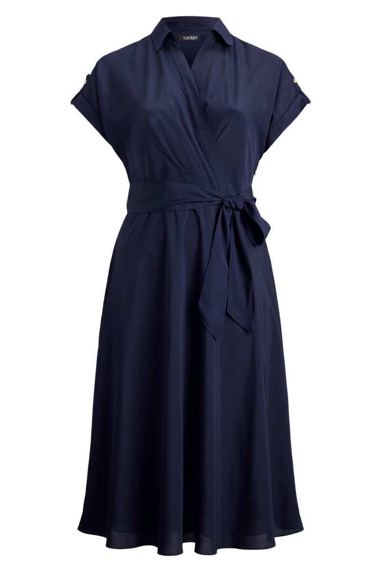 Wrap Bodice Crêpe de Chine Midi Dress, Alternate, color, LIGHTHOUSE NAVY BLUE