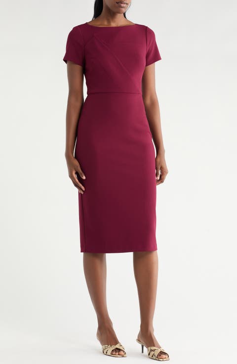 Short Sleeve Stretch Crepe Midi Sheath Dress