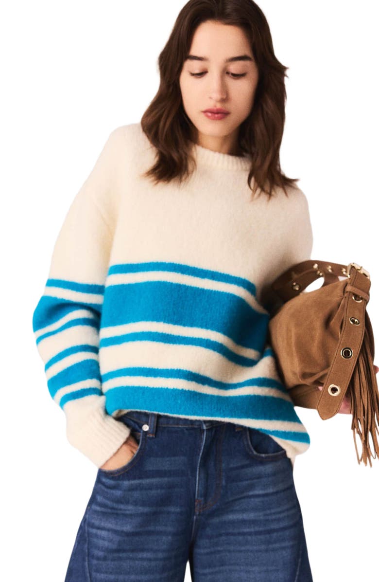 maje Oversized wool-blend sweater, Alternate, color, Ecru / Turquoise