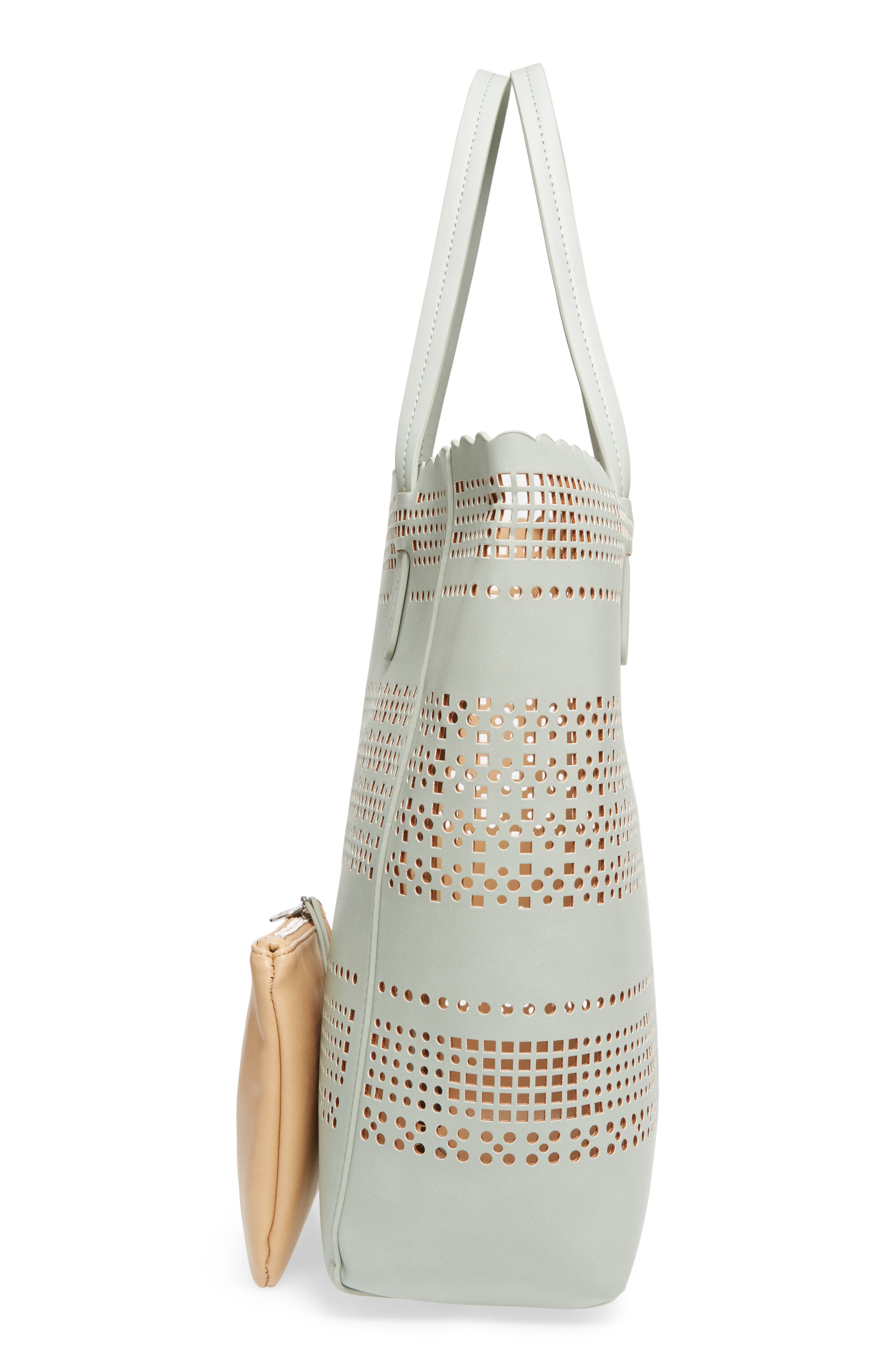 Casey Geometric Cutout Faux Leather Tote & Pouch, Alternate, color, GREEN AQUA