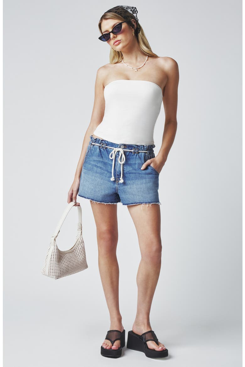 Paper Bag High Waist Denim Shorts, Alternate, color, MED WASH