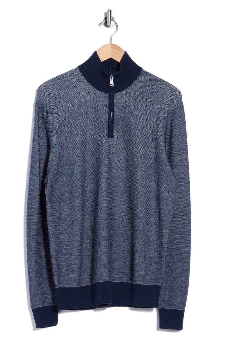 Merino Wool & Silk Bird's Eye Quarter Zip Sweater, Main, color, NAVY