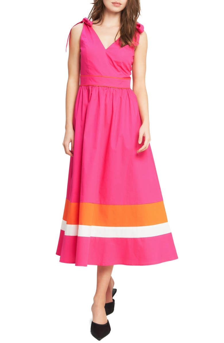 FLYING TOMATO Bow Shoulder Midi Dress, Main, color, Fuchsia Orange