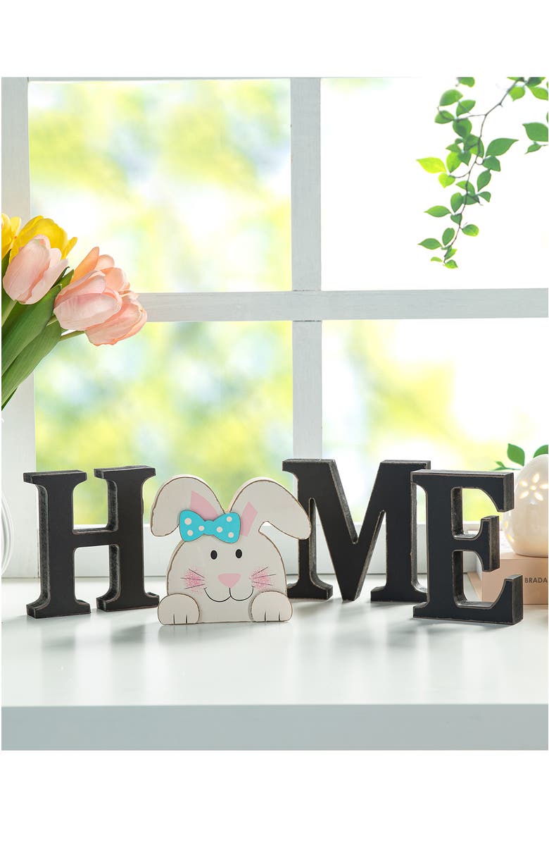 Glitzhome 13-Pieces Wooden Interchangeable HOME Tabletop Sign with Seasonal Icons, Alternate, color, Black