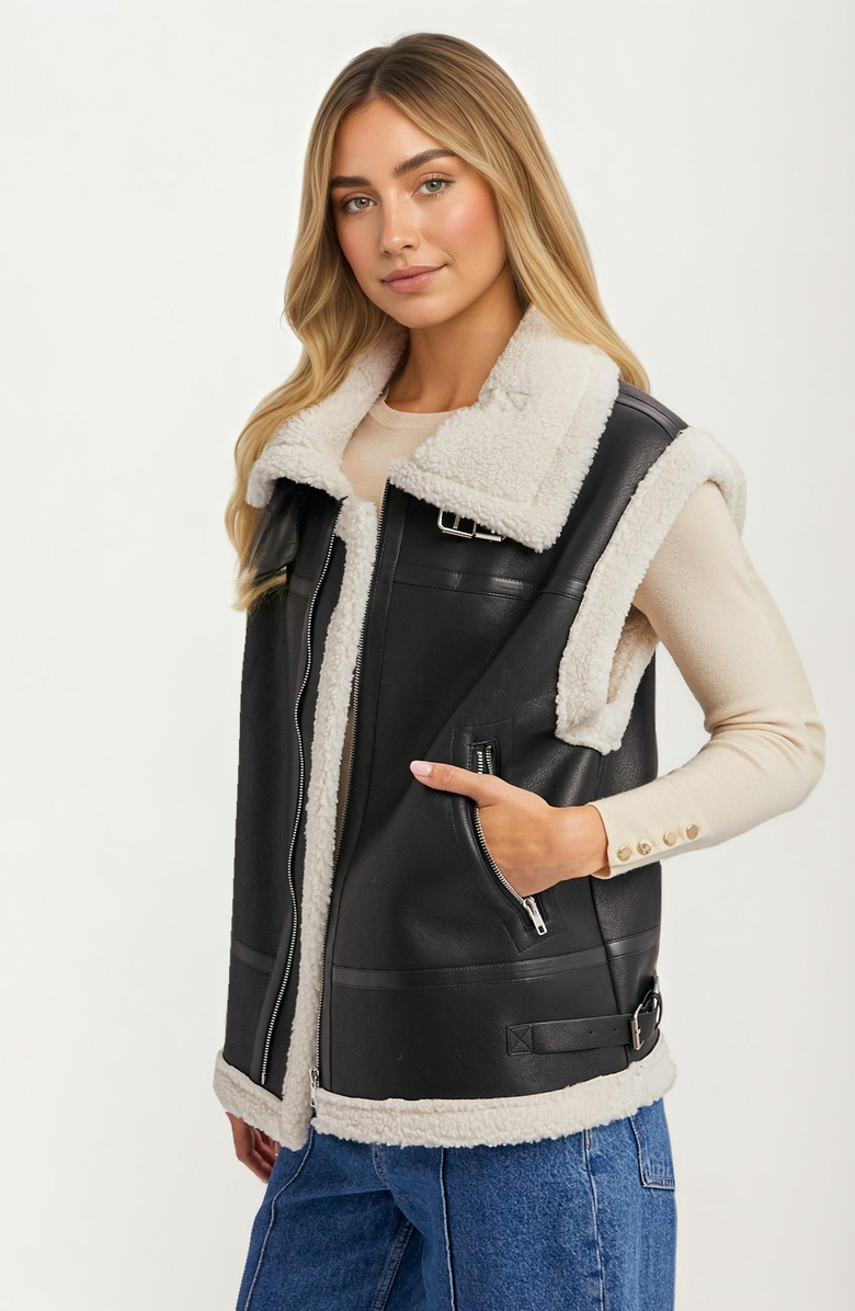 Knit and Lounge Zip-Front Faux Leather Shearling Vest, Alternate, color, 