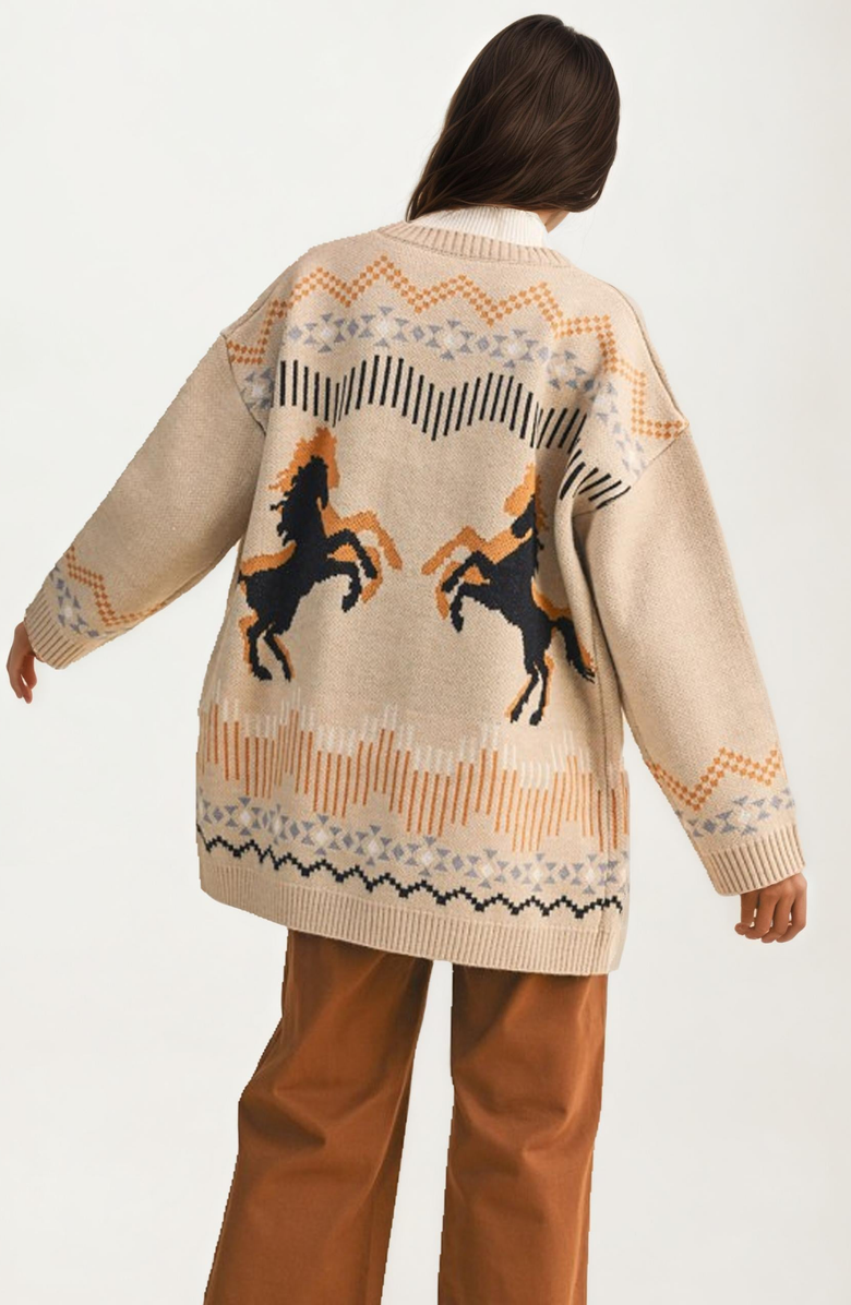 Knit and Lounge Scallop Trim Geometric Knit Pattern Cardigan, Alternate, color, Beige Multi