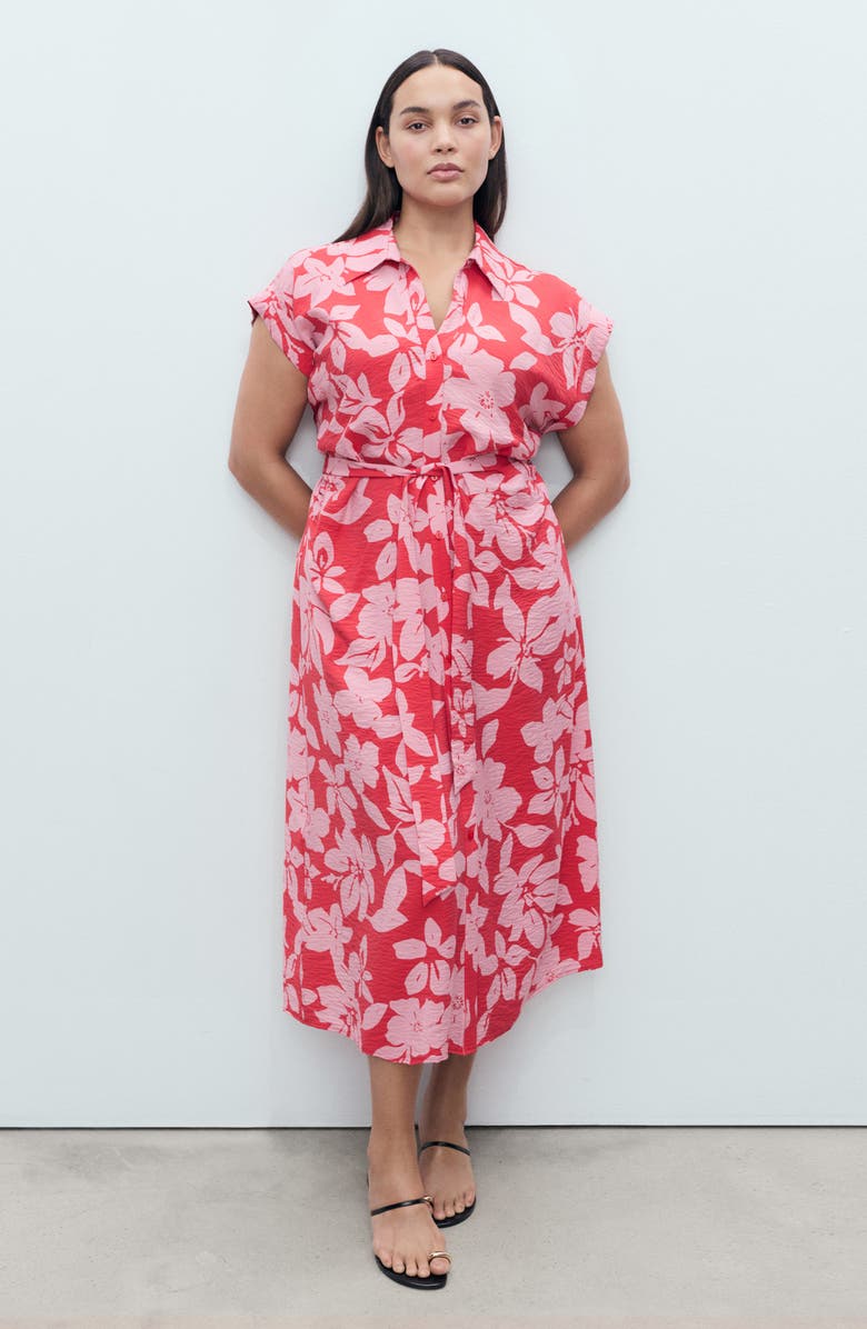 MANGO Floral Crinkle Tie Belt Shirtdress, Alternate, color, Fuchsia