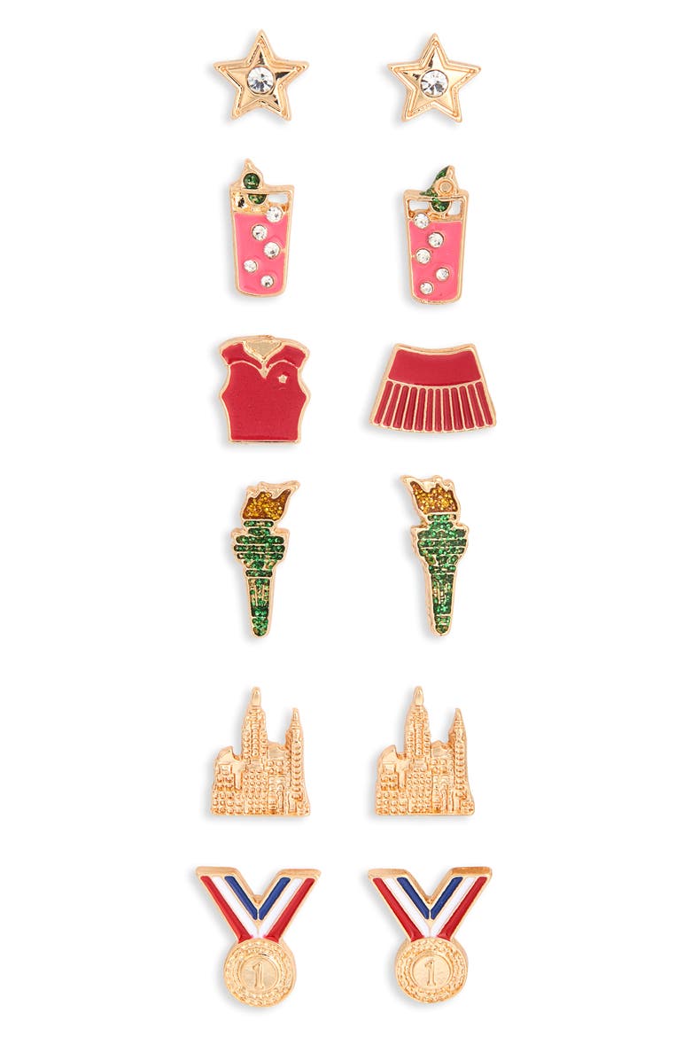 Set of 6 Tennis Stud Earrings, Main, color, RED MULTI- GOLD