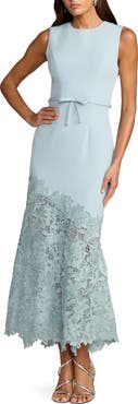Mac Duggal Crepe Embroidered Hem Sleeveless Midi Dress