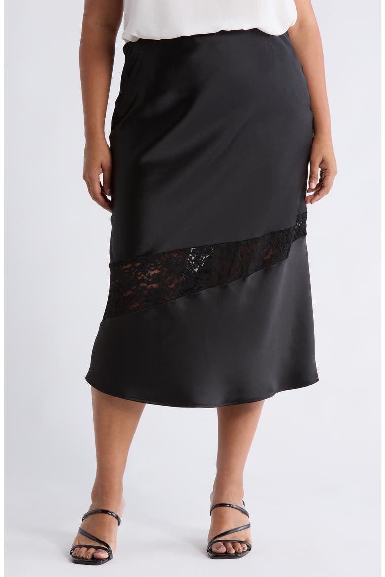 Satin & Lace Midi Skirt, Main, color, BLACK