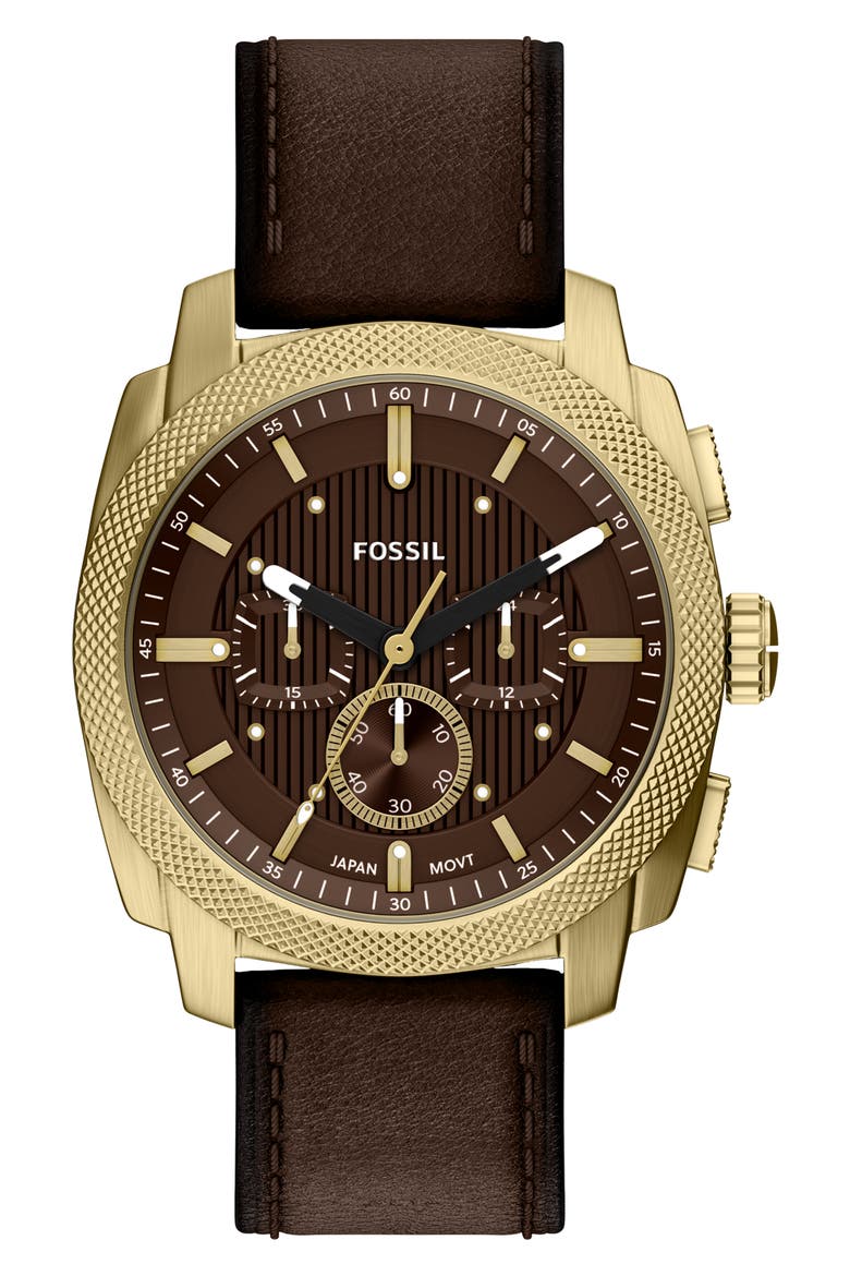 Machine Chronograph Goldtone Leather Strap Watch, 44mm, Main, color, BROWN